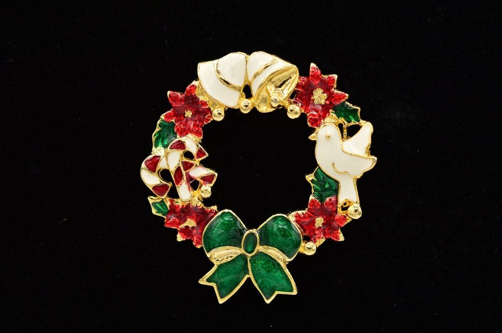 SFJ Vintage Christmas Holiday Wreath Pin Brooch  Dove Bells Gold Green Red BinJ